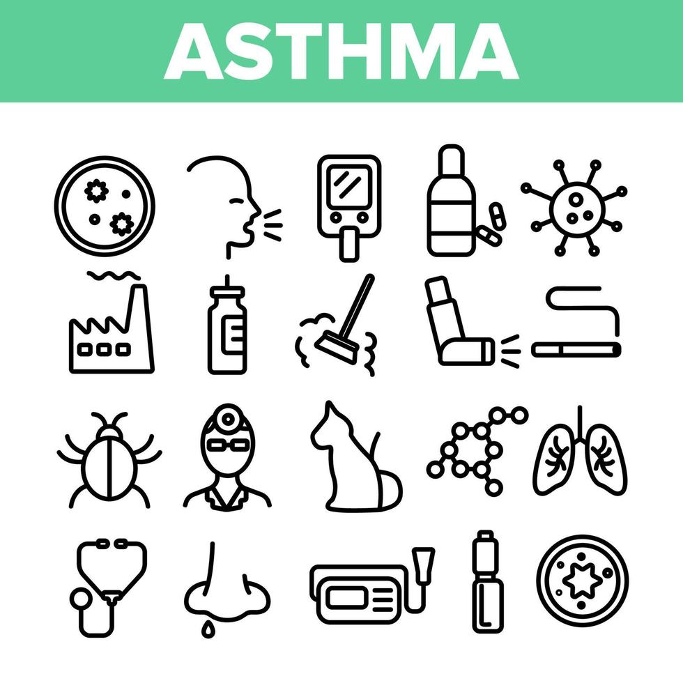 Asthma Illness Vector Thin Line Icons Set