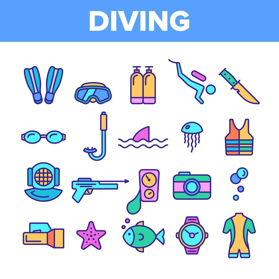 conjunto de iconos lineales de vector de equipo de buceo de color