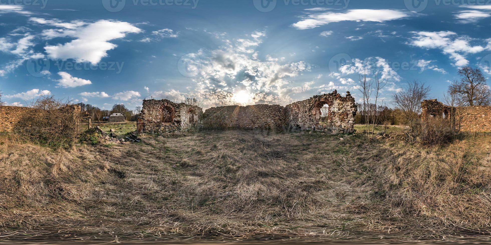 full seamless spherical hdri panorama 360 degrees angle view inside stone abandoned ruined farm building in equirectangular projection, ready AR VR virtual reality content photo