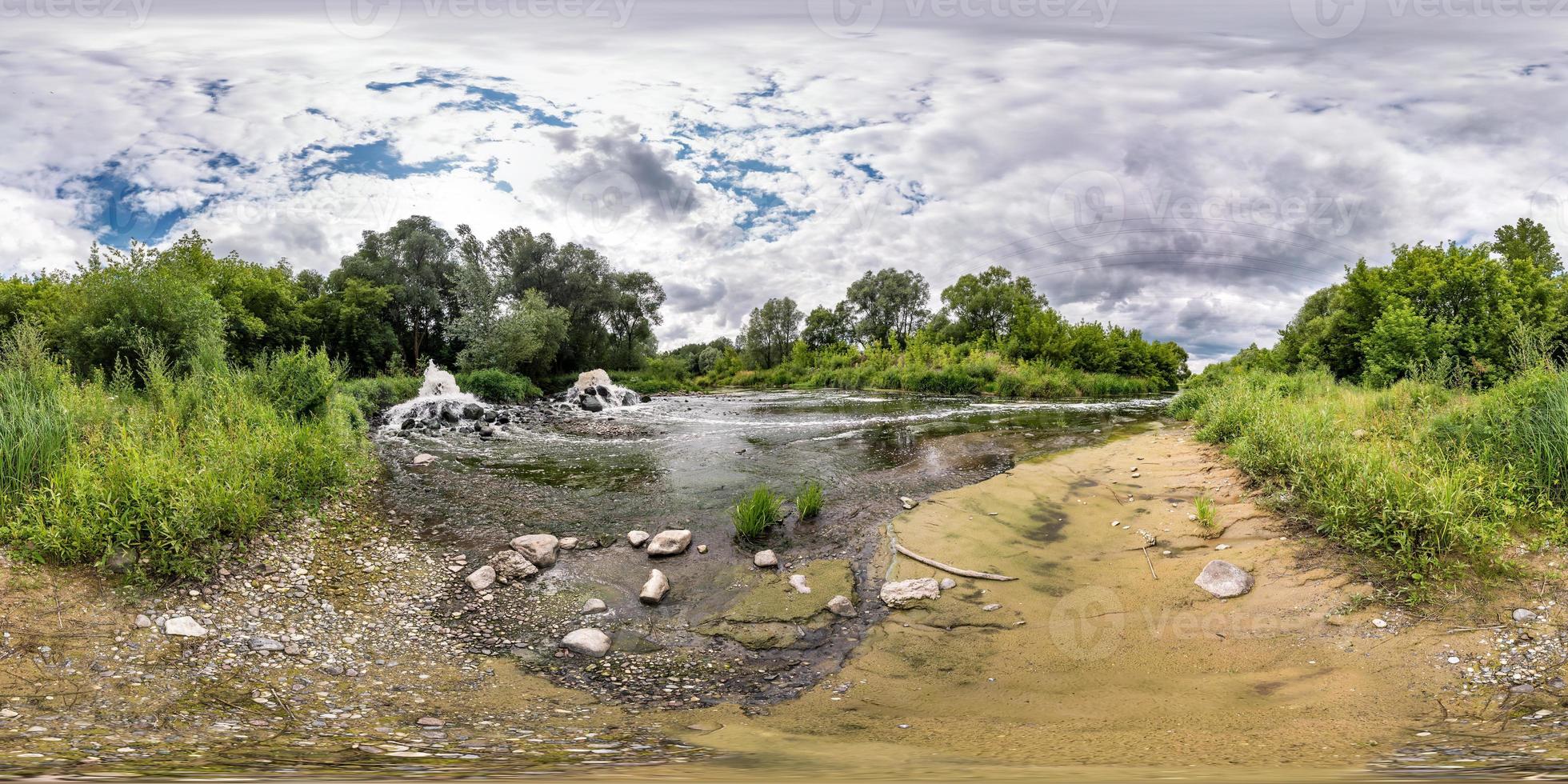 full seamless spherical hdri panorama 360 degrees angle view near mixing zone of sewage discharge of city dumps in equirectangular projection, ready VR AR content. river pollution photo