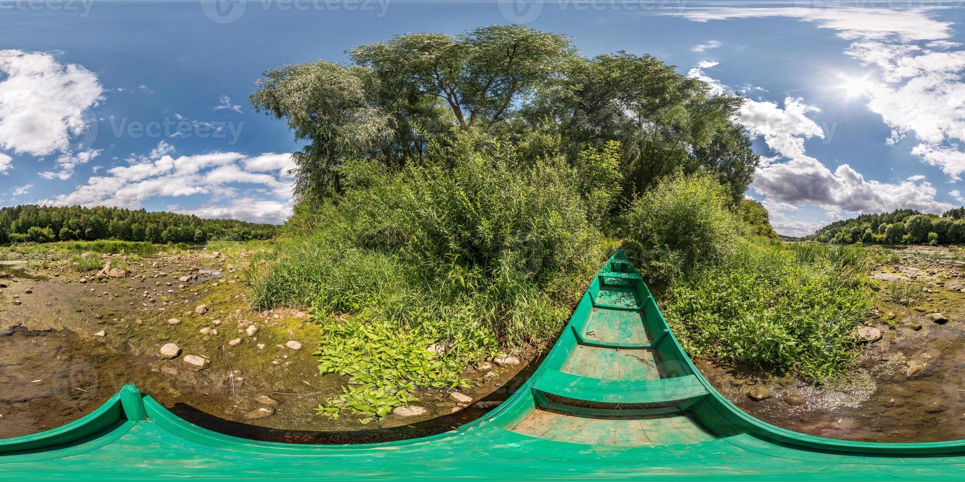 full spherical seamless hdri panorama 360 degrees angle view on green wooden old boat on dry river bank near the forest in sunny summer day in equirectangular projection, VR content photo