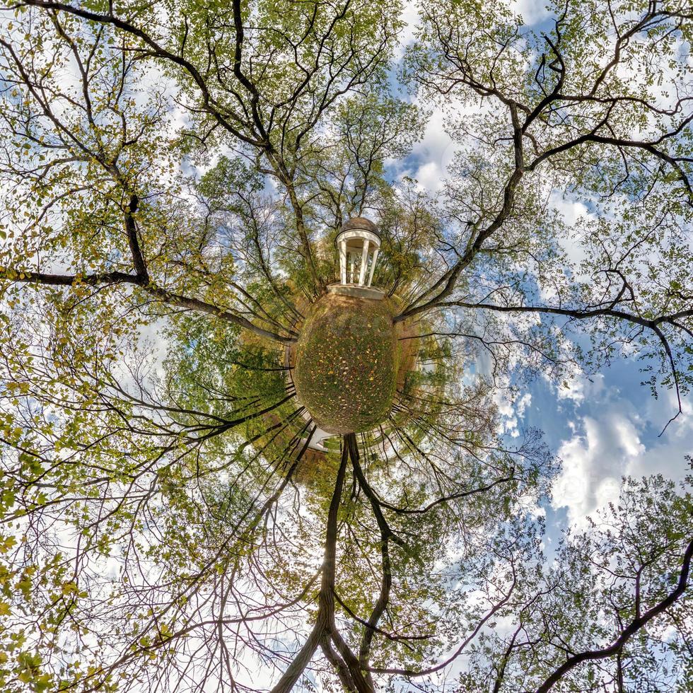 tiny planet transformation of spherical panorama 360 degrees. Spherical abstract aerial view on yellow maple forest. Curvature of space. photo