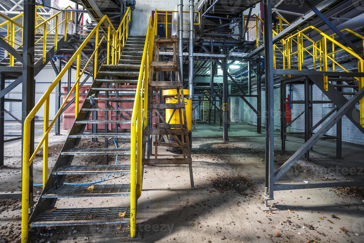 metal truss structures on modern waste recycling processing plant. Separate garbage collection. Recycling and storage of waste for further disposal. photo