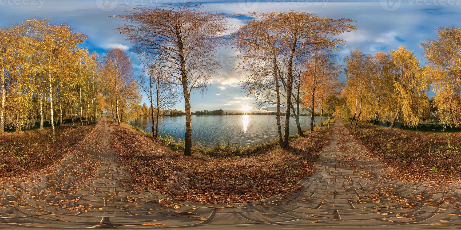full seamless spherical panorama 360 degrees angle view golden autumn near the shore of wide lake in sunny day. 360 panorama in equirectangular projection, ready VR AR virtual reality content photo