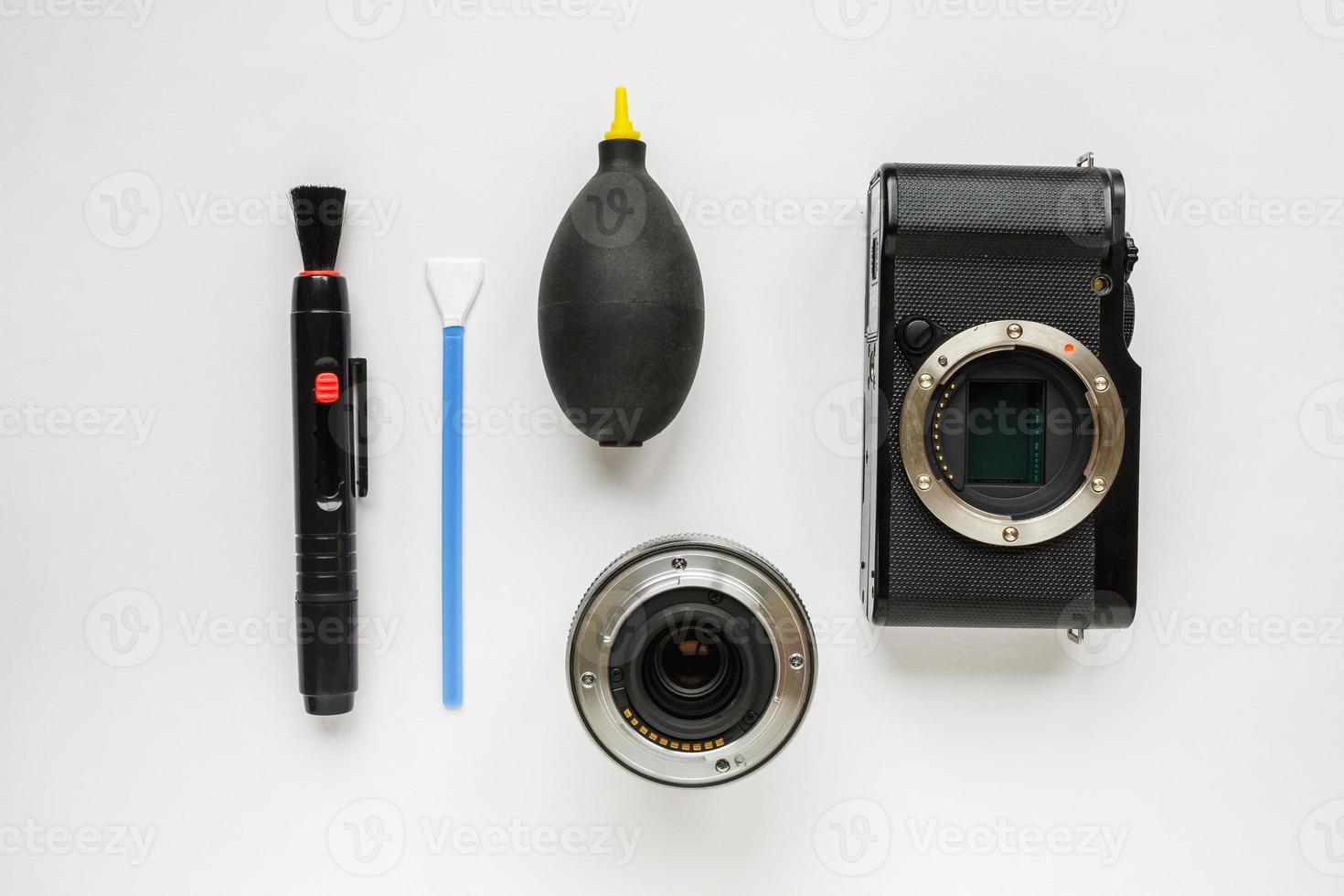 professional tools for digital APS-C dirty camera matrix sensor cleaning on white background photo