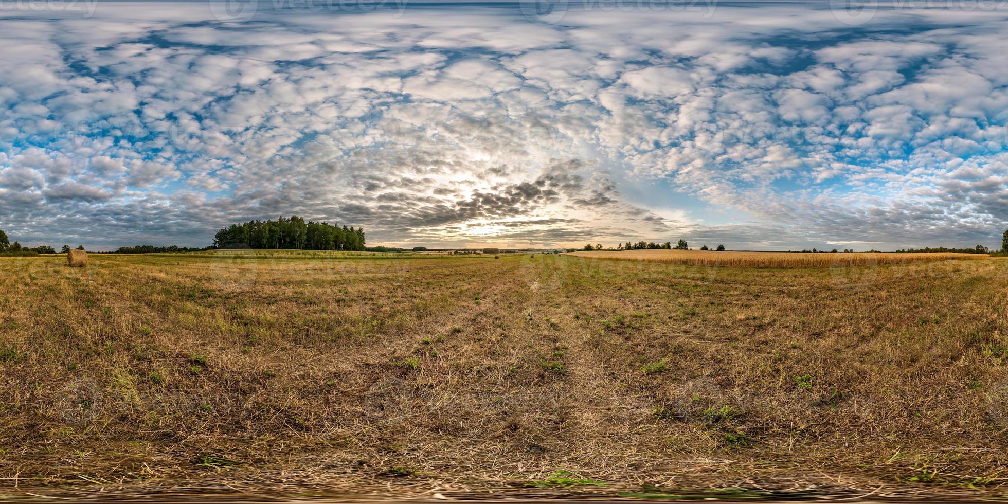 full seamless spherical hdri panorama 360 degrees angle view among harvested rye and wheat fields with Hay bales in summer day with beautiful cirrocumilus clouds in equirectangular projection photo