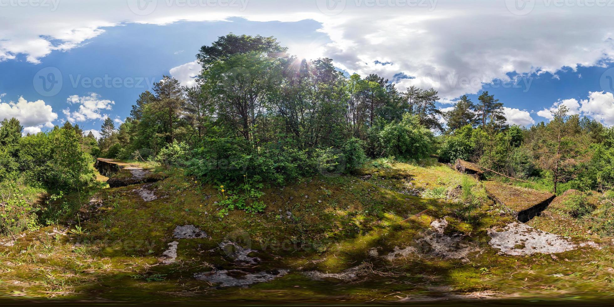 Full seamless 360 degrees angle  view panorama on the ruined abandoned military fortress of the First World War in the forest in equirectangular spherical projection. Ready for VR AR content photo
