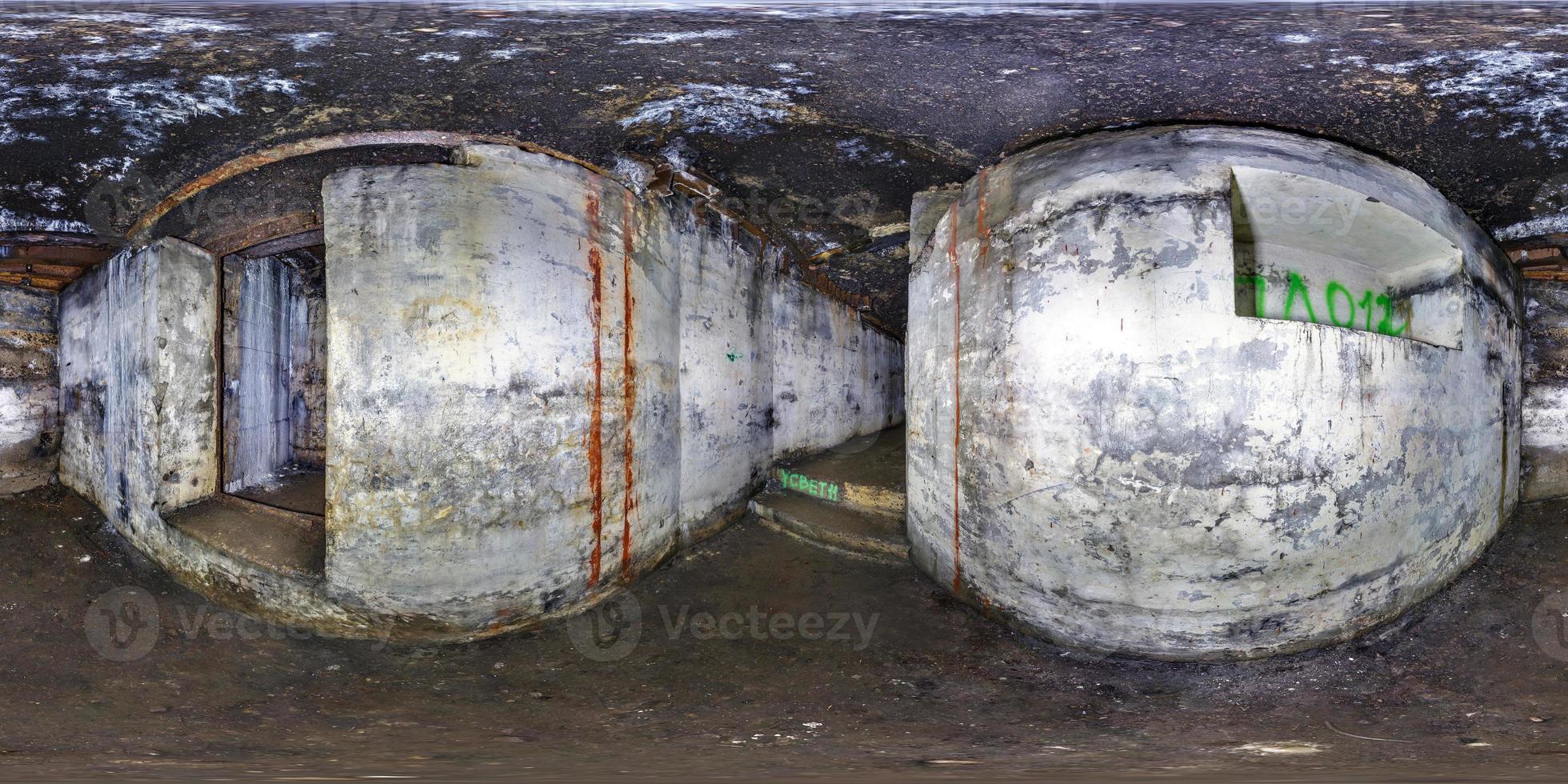 full seamless panorama 360 degrees angle view inside ruined abandoned military underground casemates fortress of the First World War in equirectangular spherical projection, skybox horror VR content photo