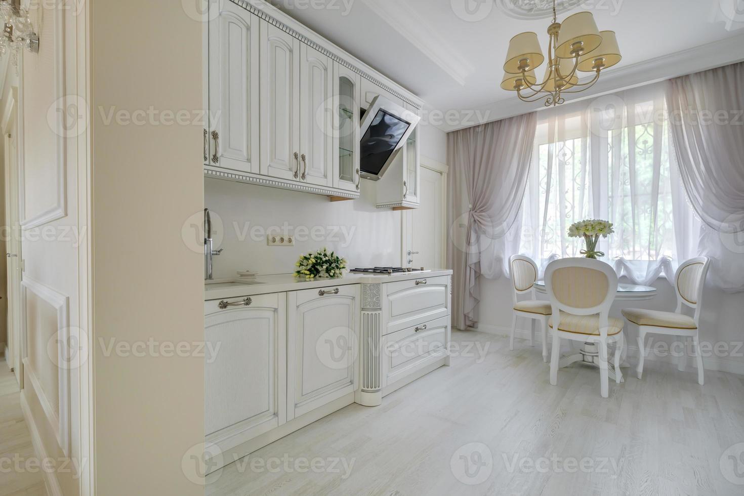 Interior of the modern luxure kitchen in studio apartments with light color photo