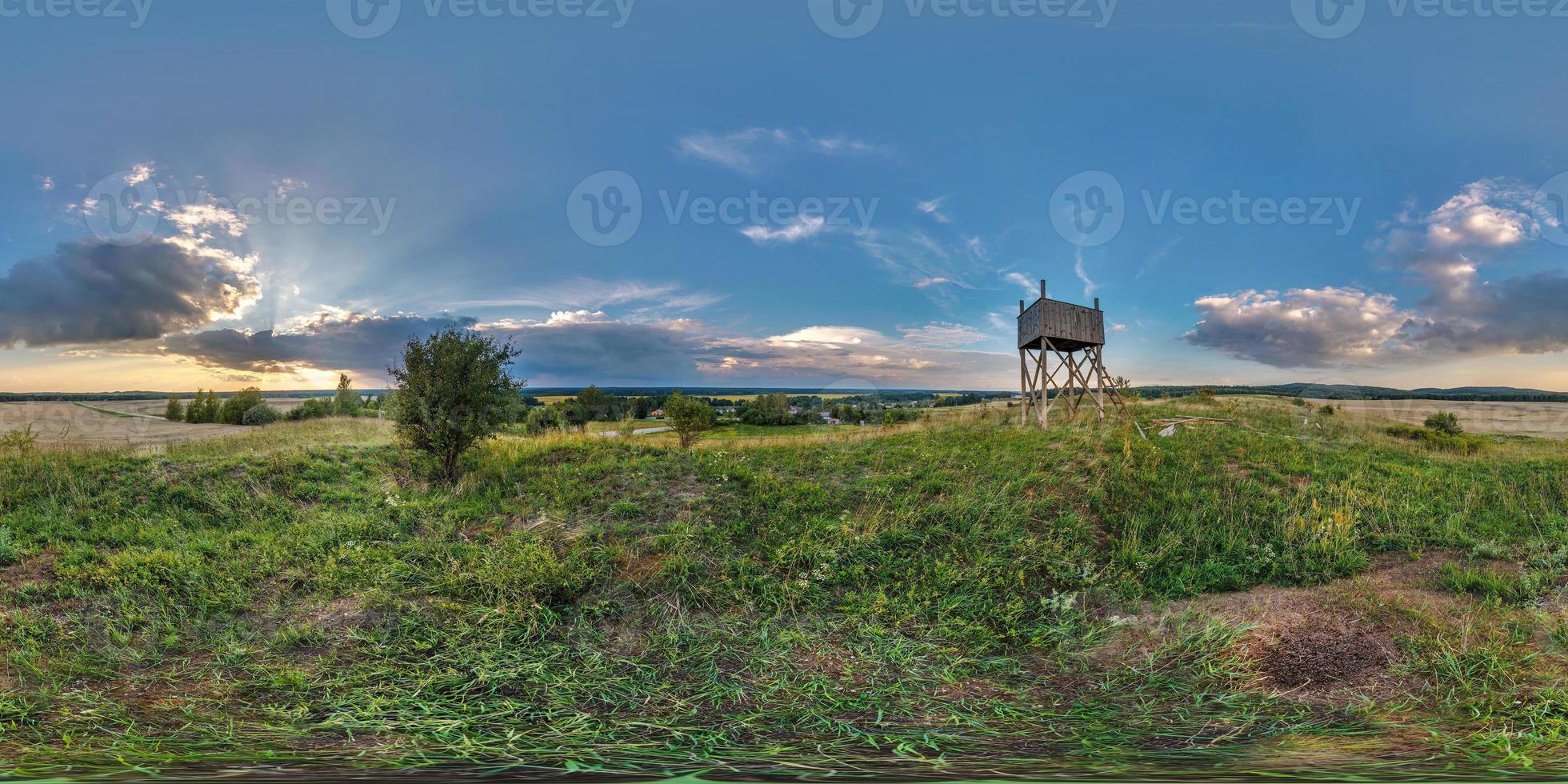 full seamless spherical panorama 360 by 180 degrees angle view on a high visibility mountain next to the old wooden fire tower in equirectangular projection, readyfor  VR AR virtual reality content photo