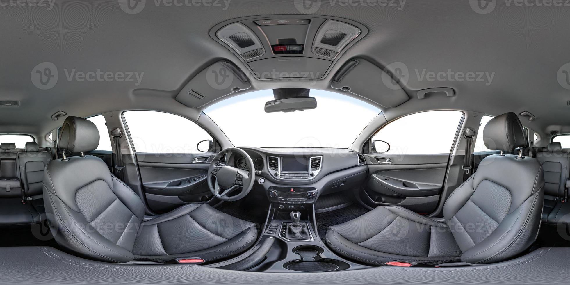 360 angle panorama view in interior of prestige modern car Hyundai. Full 360 by 180 degrees seamless equirectangular equidistant spherical panorama. vr ar content photo