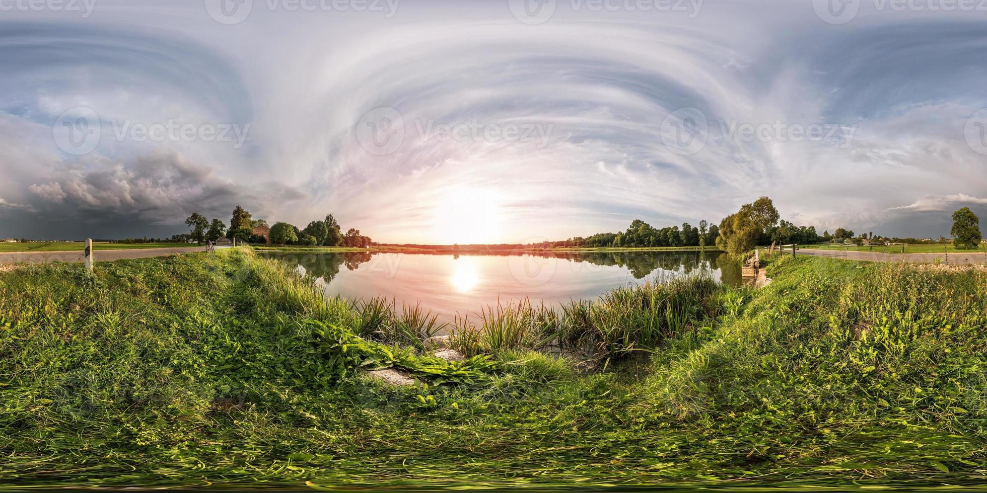 full seamless spherical panorama 360 by 180 angle view on the shore of lake in evening before storm in equirectangular projection, ready VR virtual reality content photo