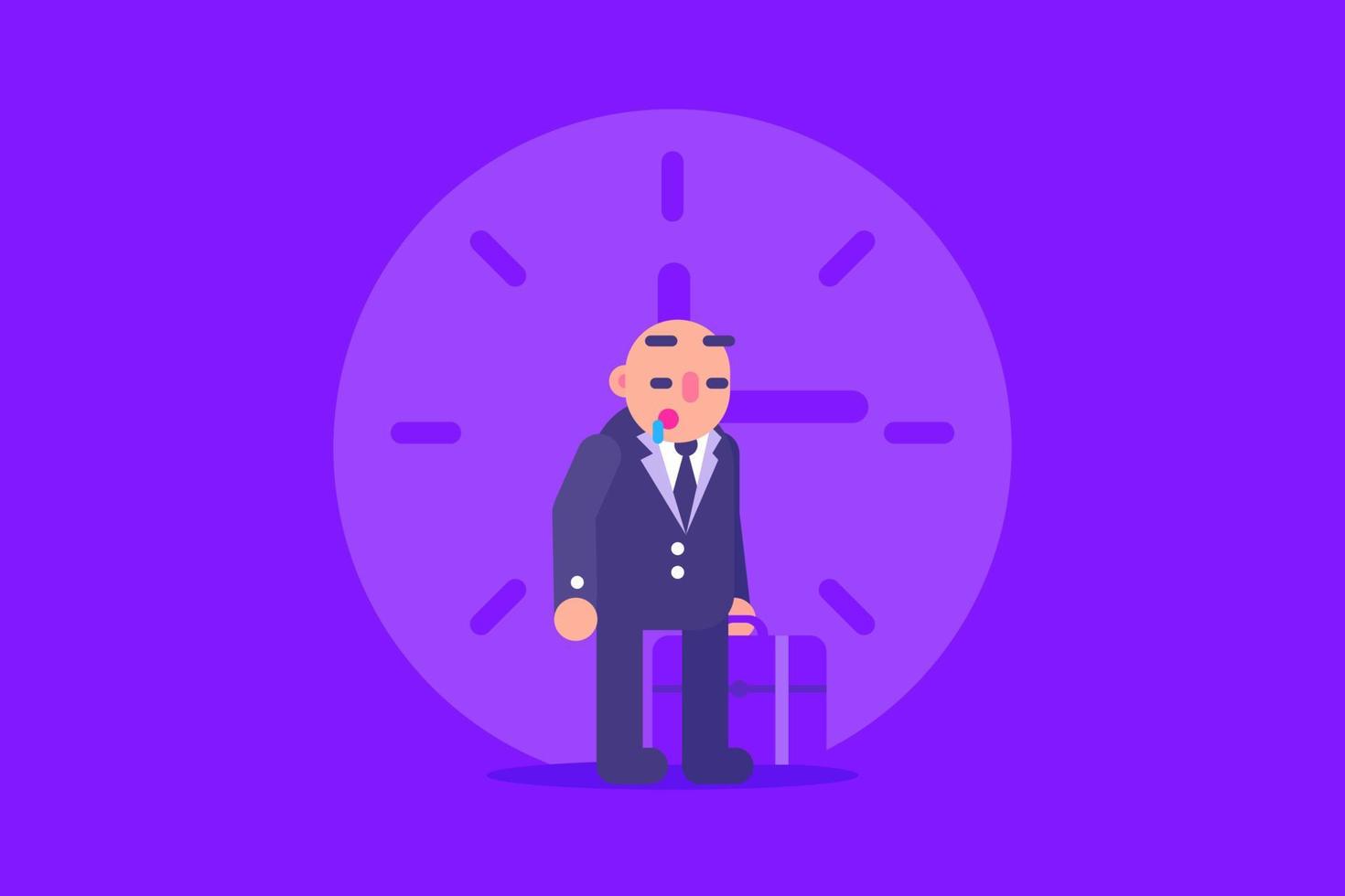 Bald Businessman Sleeping While Standing With Time Background at Night Flat Design Illustration vector