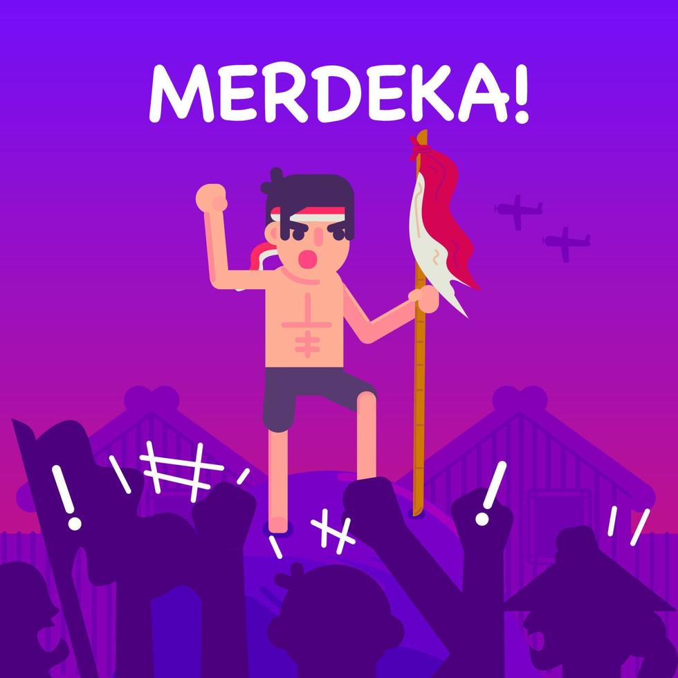 un hombre con bandera animando a la gente, ilustración de dibujos animados vectoriales del día de la independencia de indonesia vector