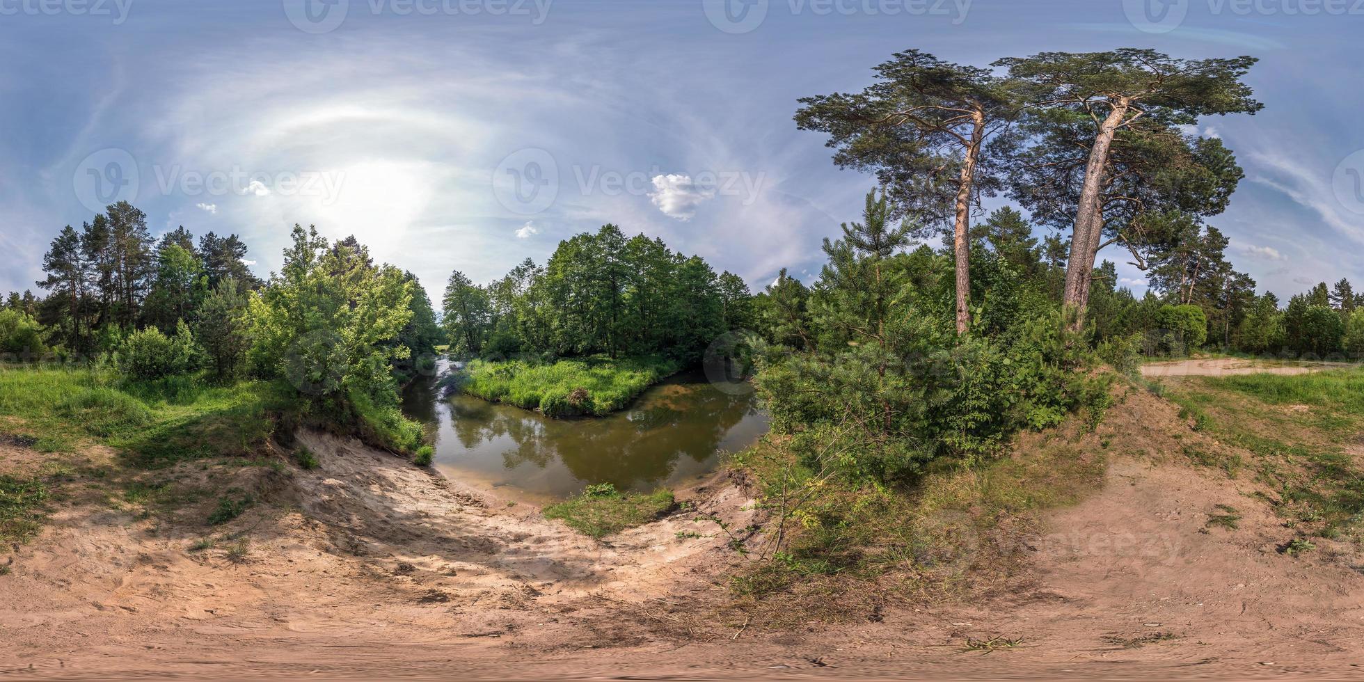 full seamless spherical panorama 360 by 180 angle view on the shore of small river in sunny summer day in equirectangular projection, skybox VR virtual reality content photo