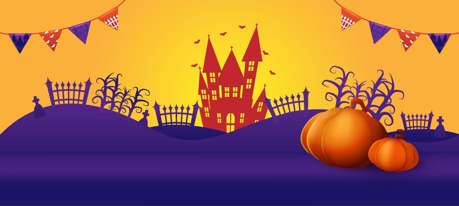 Happy halloween party haunted castle pumpkins head purple and orange background theme vector