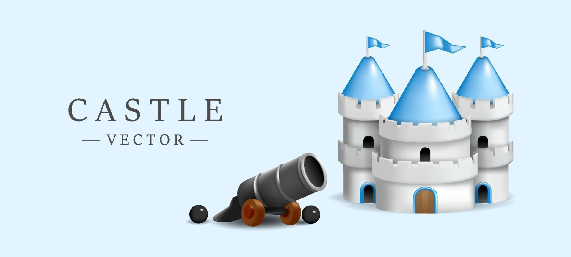 Cute castle 3d model with mini cannon  vector illustration on sky blue background