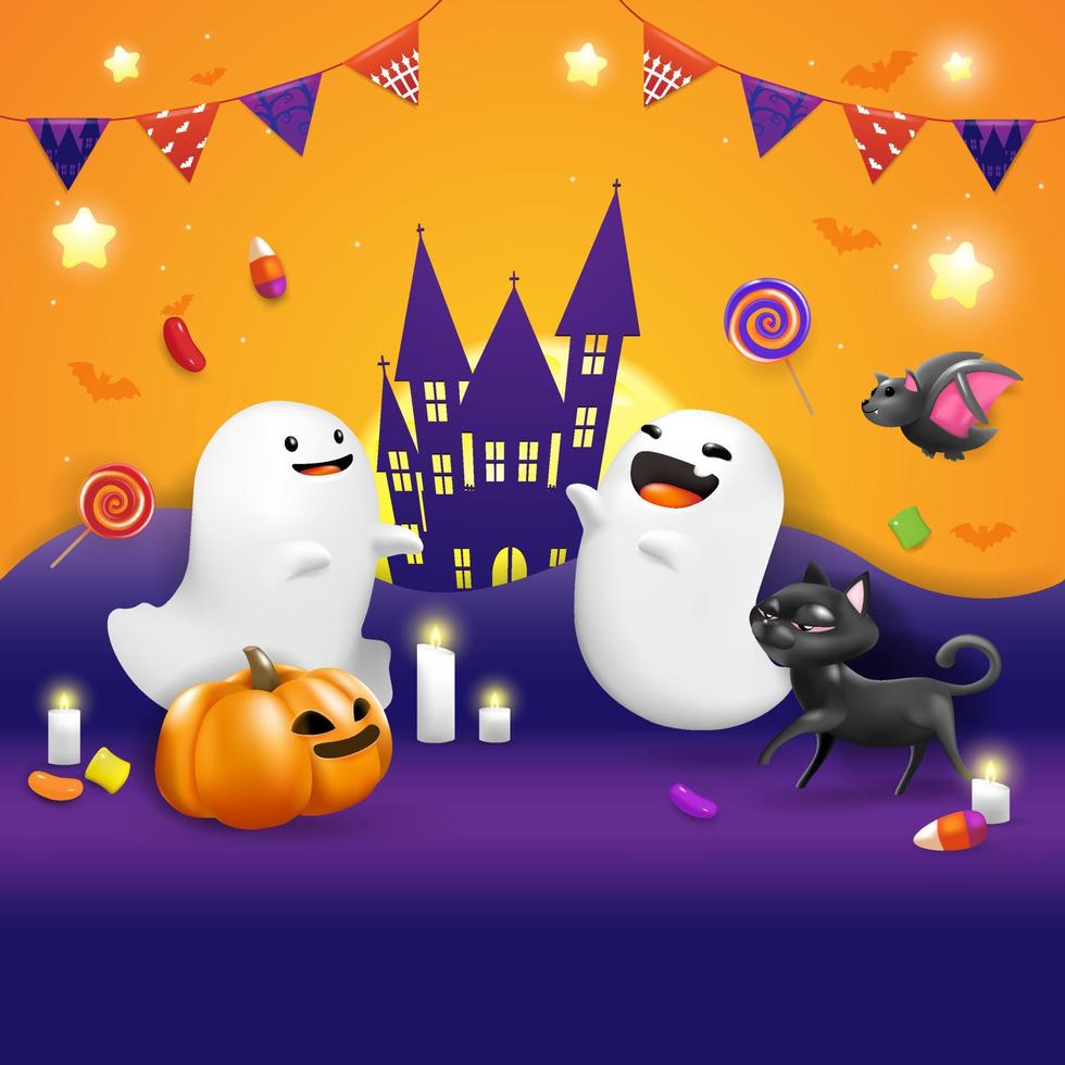 halloween 3d cute cartoon character banner invitation card vector illustration