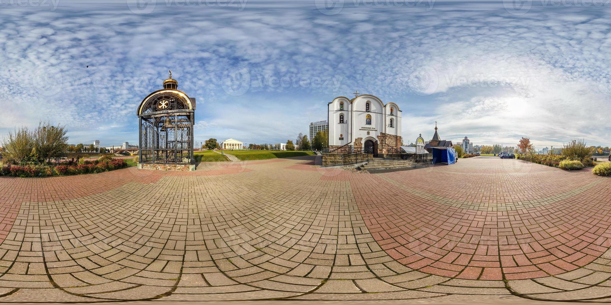 full seamless spherical panorama 360 degrees angle view near small ancient church in city center. 360 panorama in equirectangular projection, ready VR AR content photo