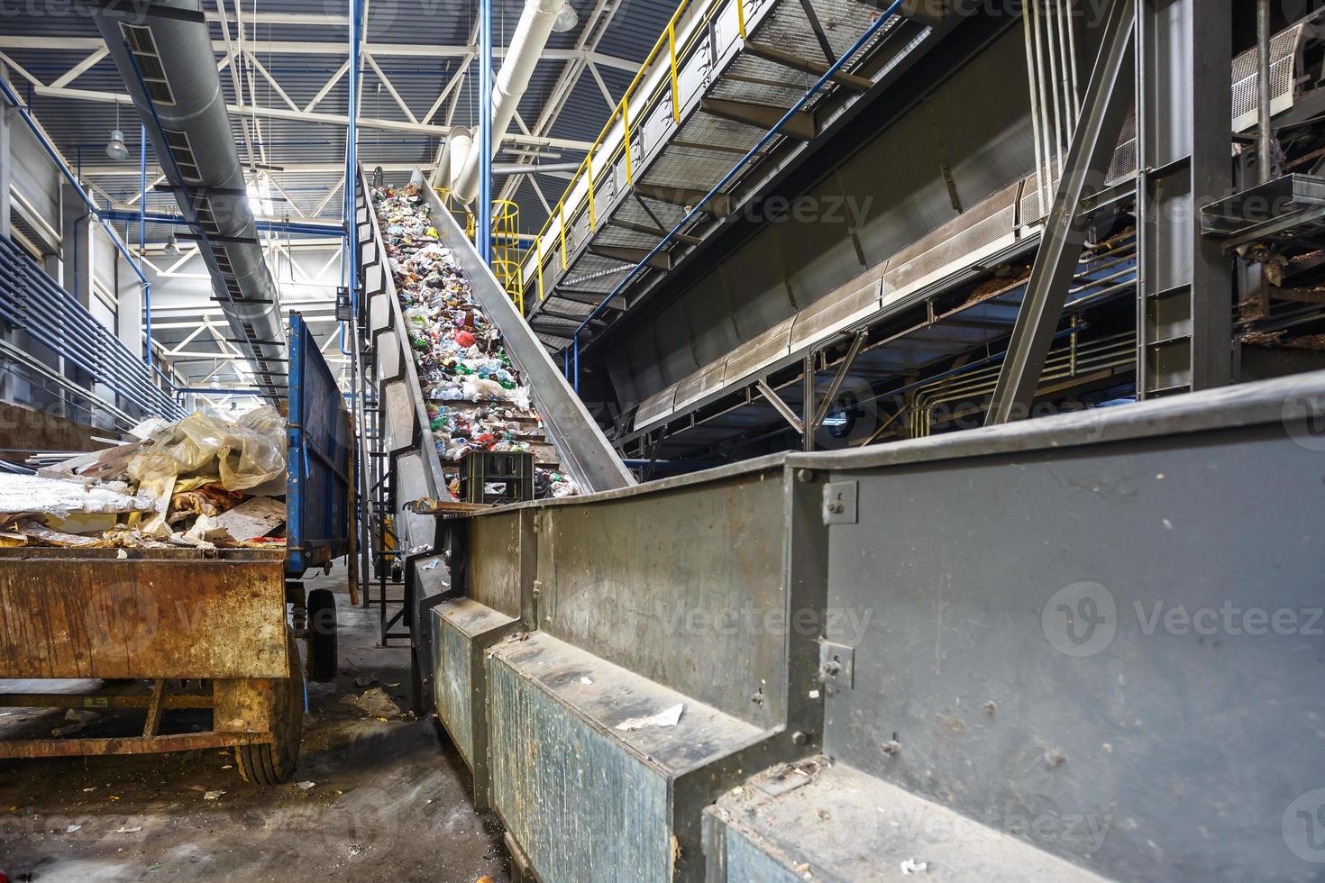 moving conveyor transporter on Modern waste recycling processing plant. Separate and sorting garbage collection. Recycling and storage of waste for further disposal. photo