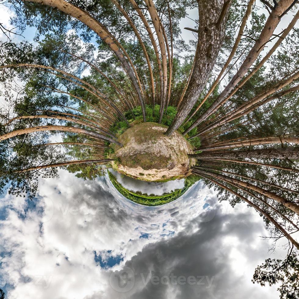 Little planet transformation of spherical panorama 360 degrees. Spherical abstract aerial view in pinery forest with awesome beautiful clouds. Curvature of space. photo