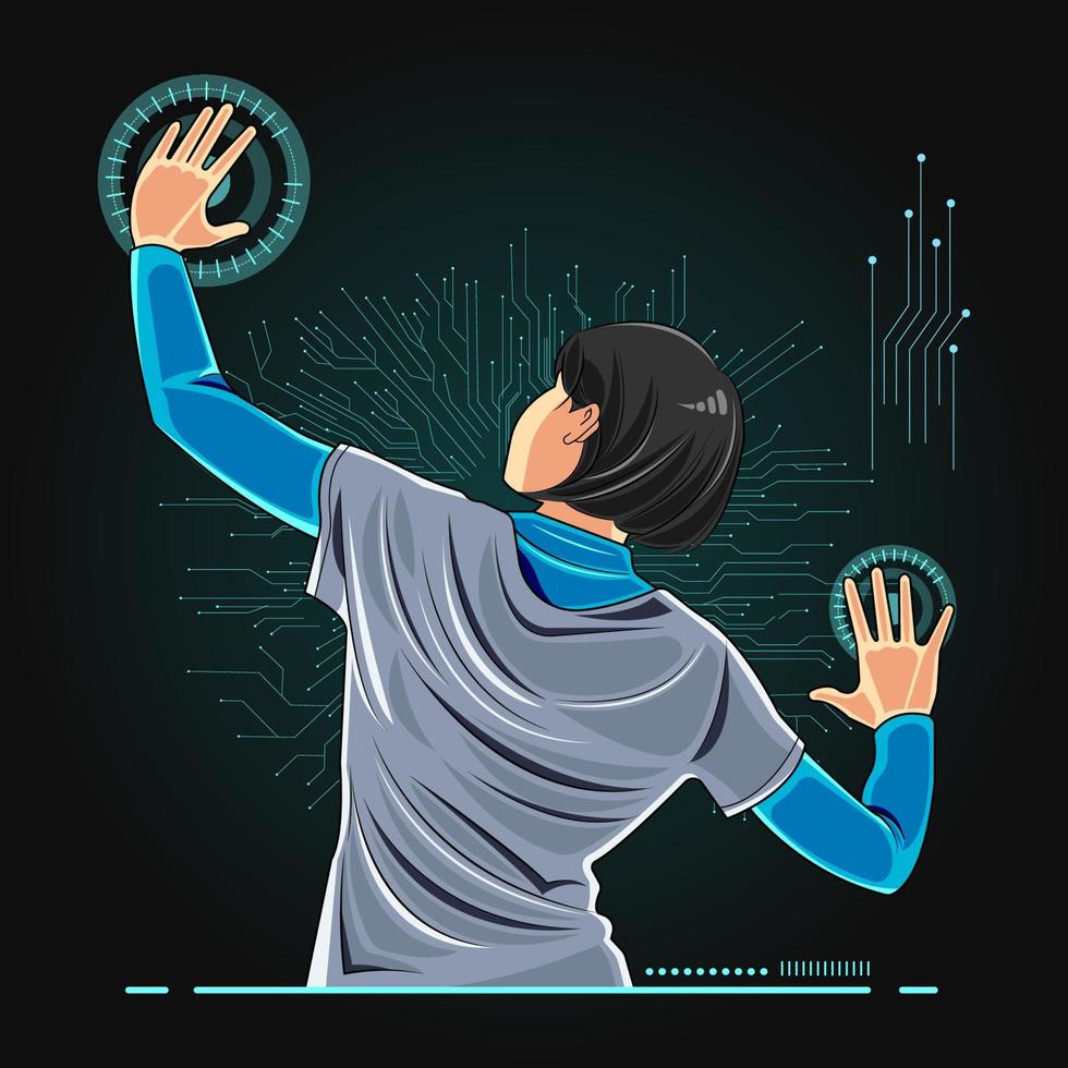 Artificial intelligence digital technology concept.Young girl creating beautiful holograms with both hands vector illustration pro download
