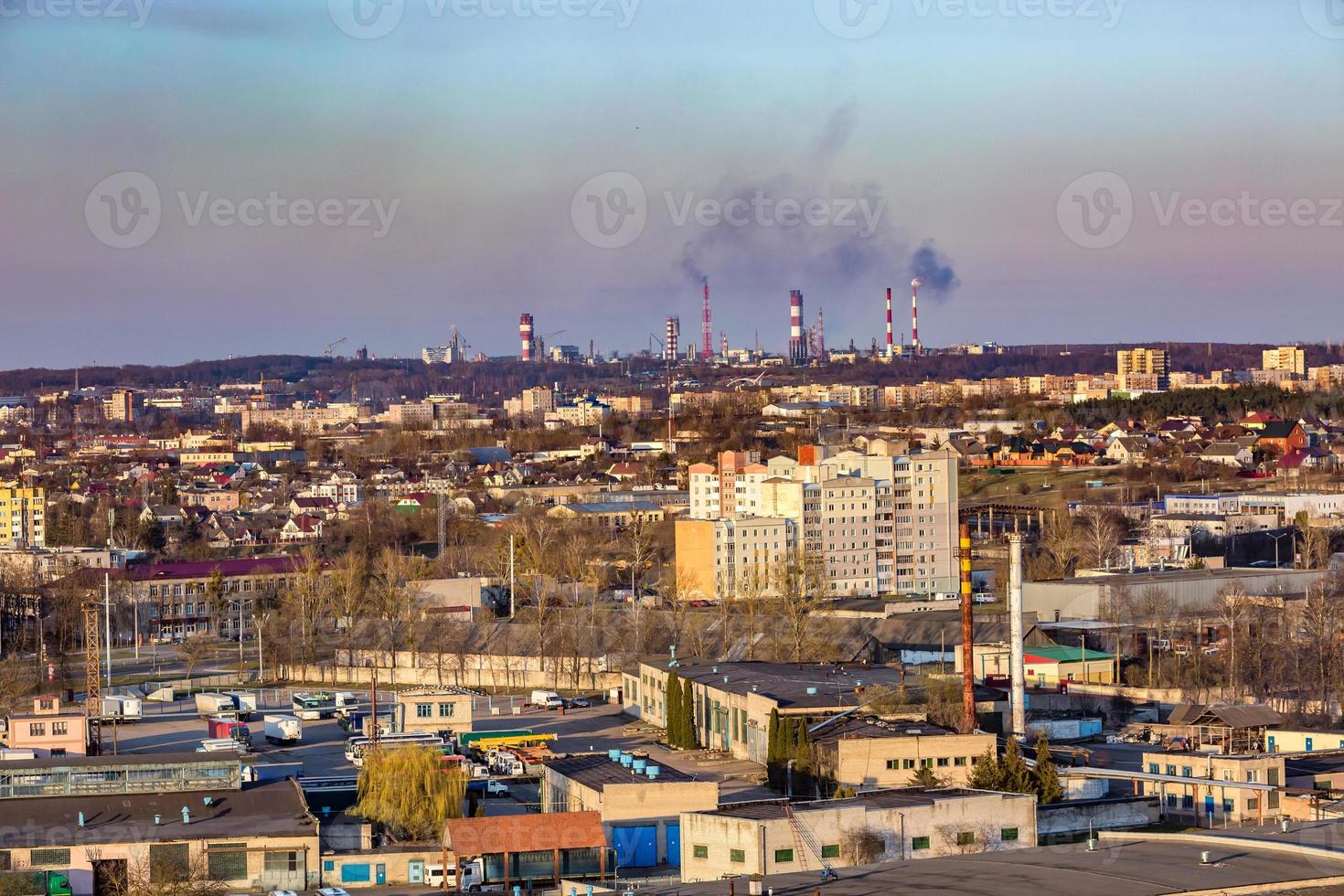 Panoramic view on new quarter high-rise building area urban development residential quarter in the evening from a bird's eye view photo