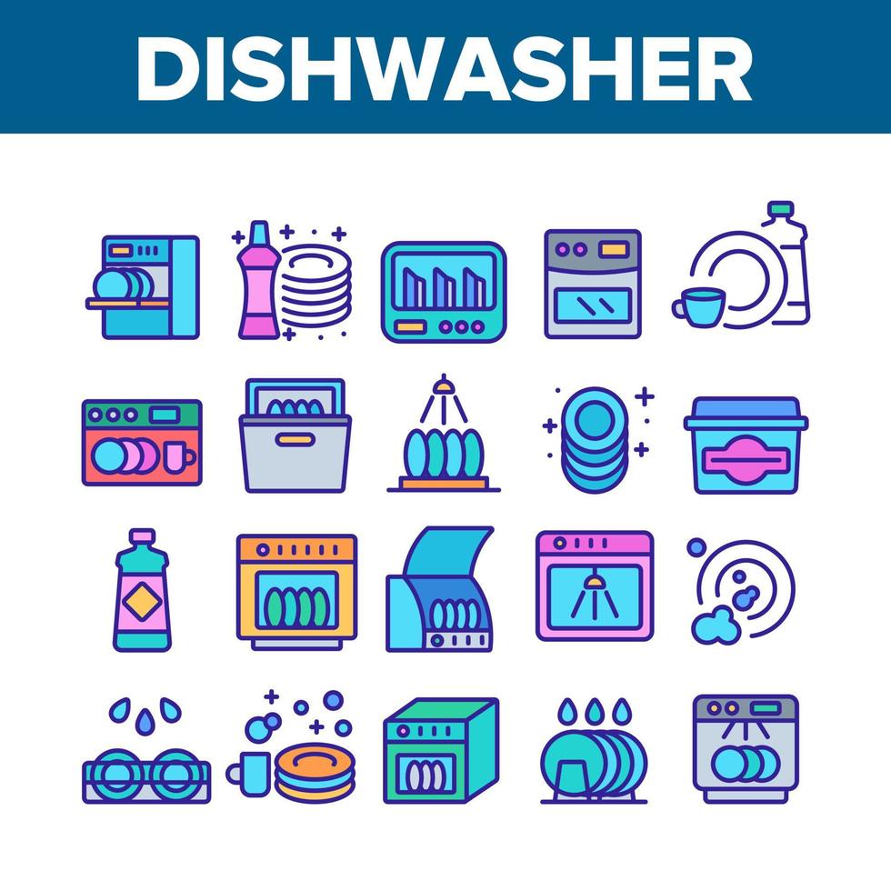 Dishwasher Utensil Collection Icons Set Vector