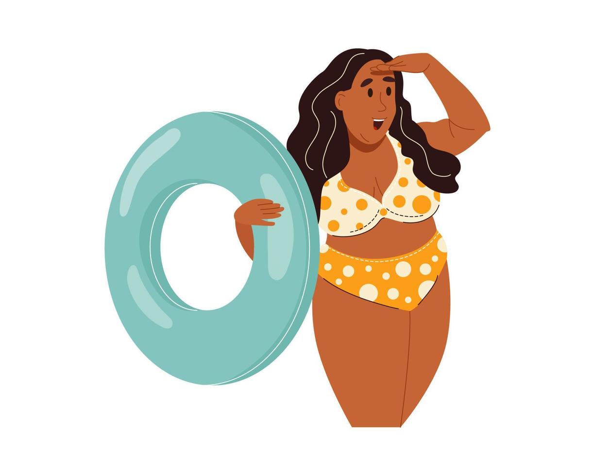 African American funny plus size woman in bikini holding inflatable ring and looking into the distance covering face with her hand. Color flat vector illustration isolated on white background
