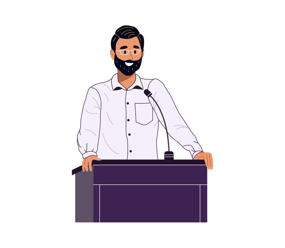 Young businessman or politician man speaks into microphone standing behind podium. Confident smiling speaker character giving a speech. Flat vector illustration isolated on white background