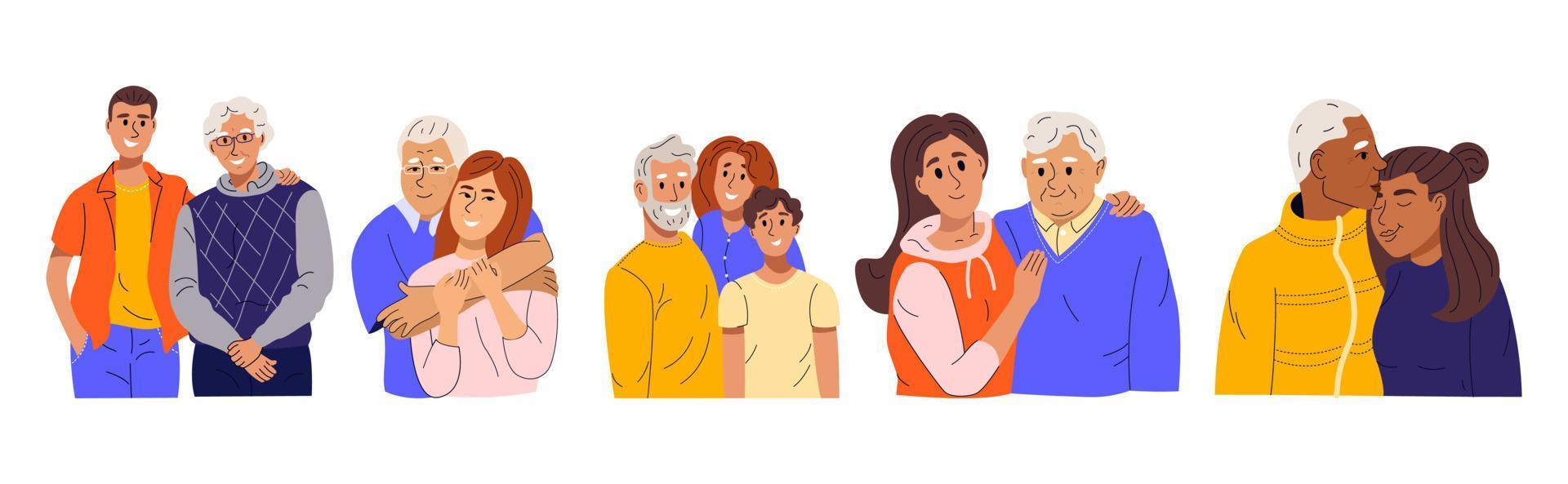 Adult children caring about old aged fathers set. Sons and daughters supporting, hugging with mature dads. Flat vector illustration isolated on white background