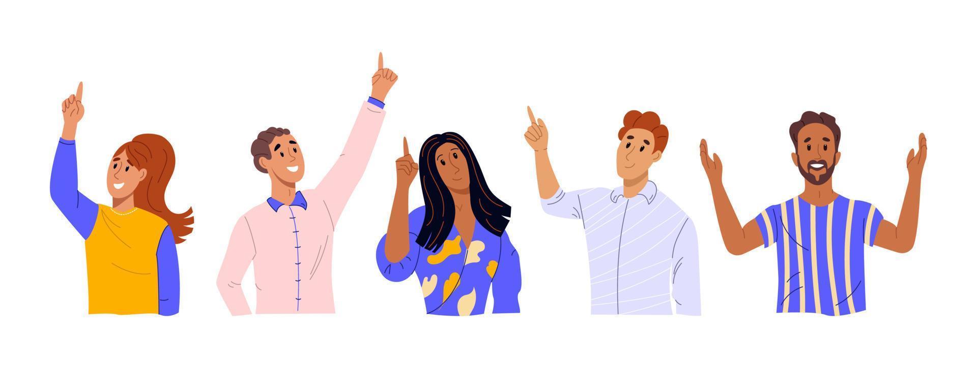 Diversity people looking up and pointing with fingers. Smiling men and women characters indicating upward in sky. Searching new goals concept. Flat vector illustartion