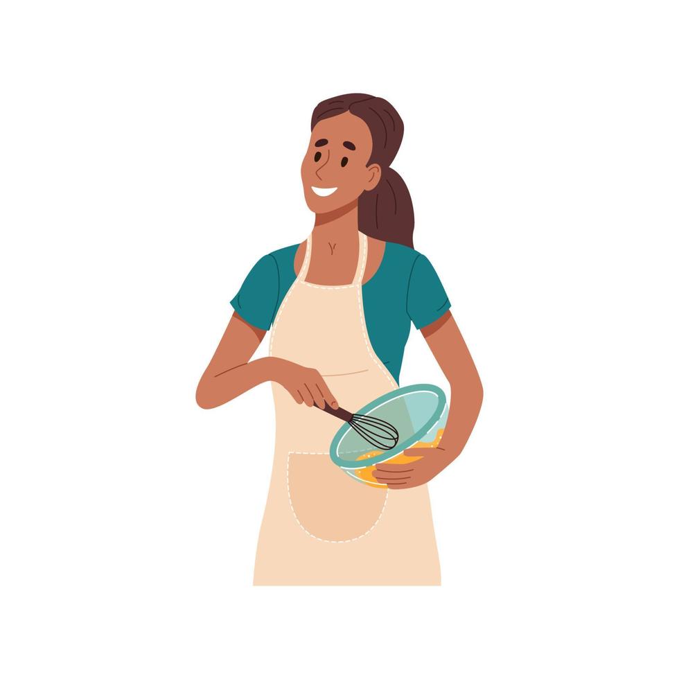 Happy smiling woman home chef beating eggs with whisk and glass bowl for baking or food preparation. Colored flat cartoon vector illustration isolated on white background