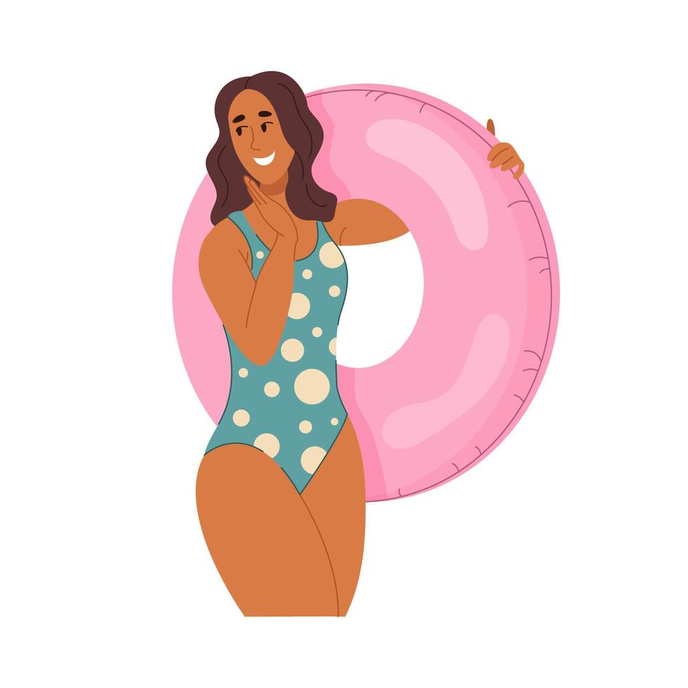 Happy fun young woman slim body wear polka dot blue one-piece swimsuit holding pink inflatable ring. Summer time leisure concept. Color flat cartoon vector illustration isolated on white background