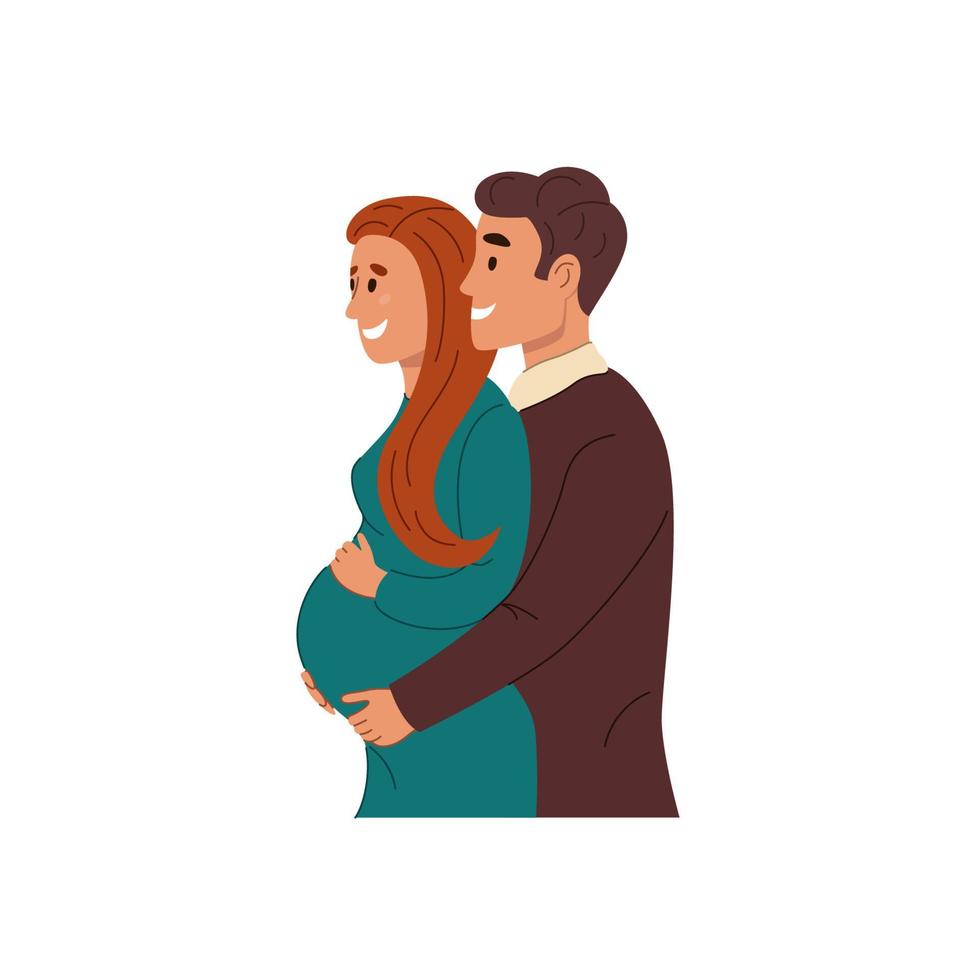 esposo feliz abrazando a su esposa embarazada por detrás. pareja joven está esperando un bebé. retrato de los futuros padres. ilustración de vector plano de color aislado sobre fondo blanco