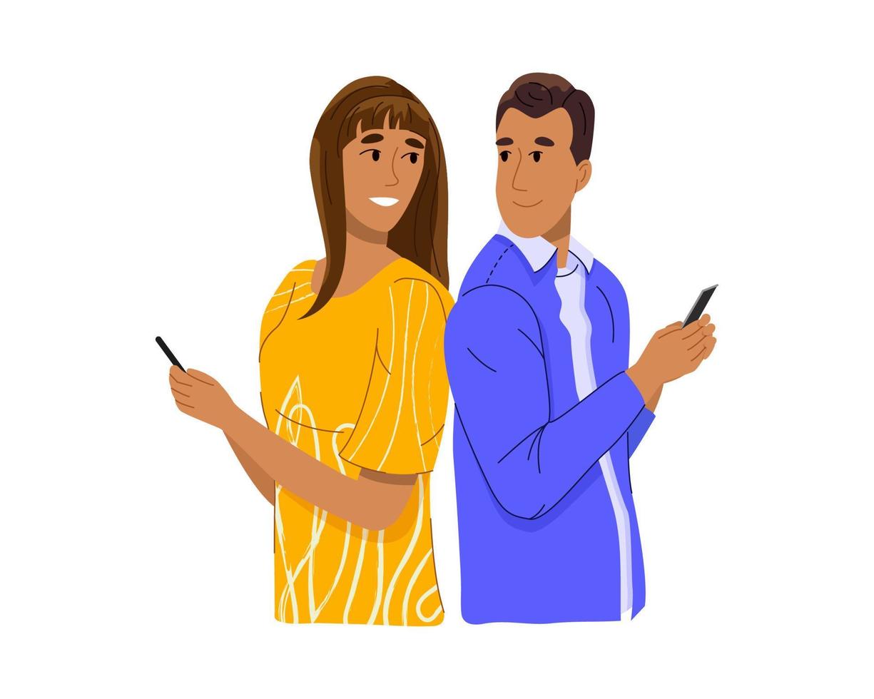 Smiling young couple friends man woman standing back to back, using mobile phones, looking at each other. Happy guy and girl with telephones. Colored flat vector illustration