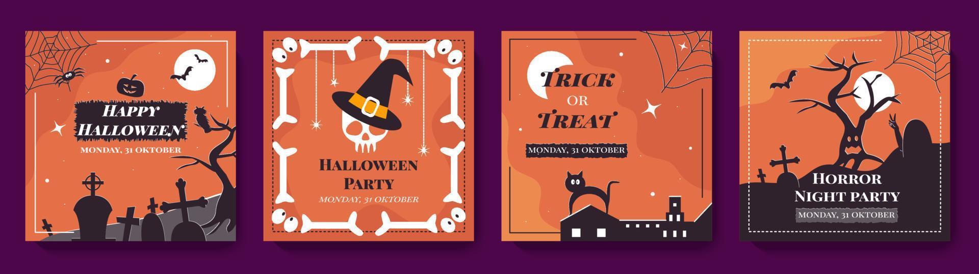 Happy Halloween social media post design template set. Autumn backgrounds with different scary elements. Vector illustration for greeting card, invitation, web banner advertising, poster