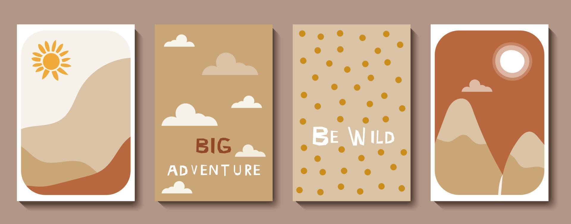 Cute Bohemian card set. Boho nursery posters with mountains, sun, moon, landscape, clouds. Vector cartoon illustrations collection for kids room decoration