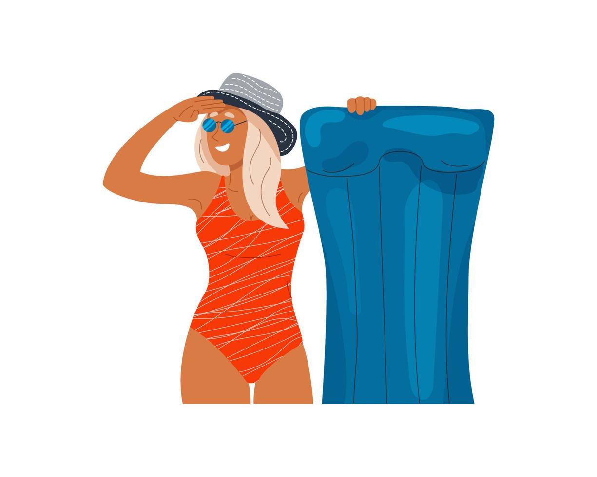 Happy young woman slim body wear red swimsuit holding blue air mattress. Smiling girl in sunglasses and hat with pool float. Color flat cartoon vector illustration isolated on white background