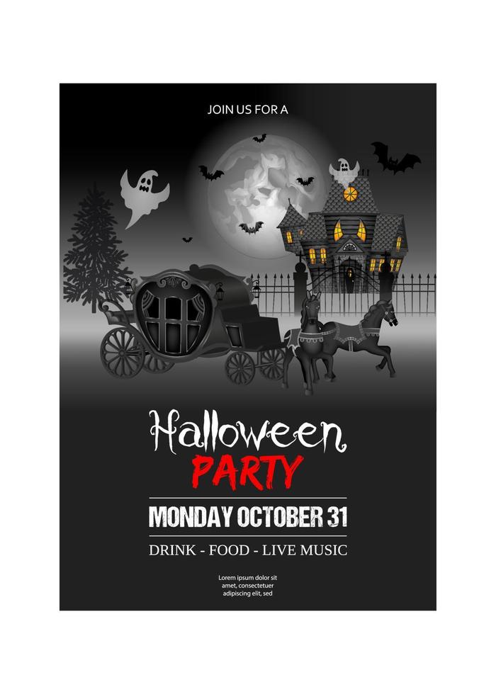 halloween party poster with old carriage, ghosts, and haunted house vector