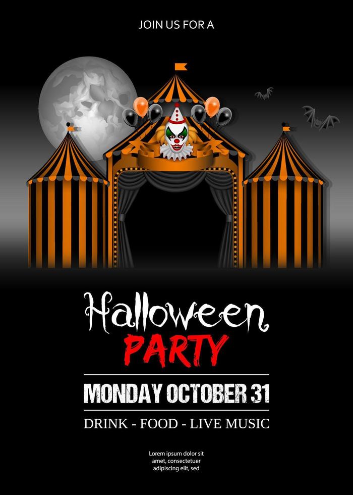 halloween party background with black and orange circus and evil clown vector