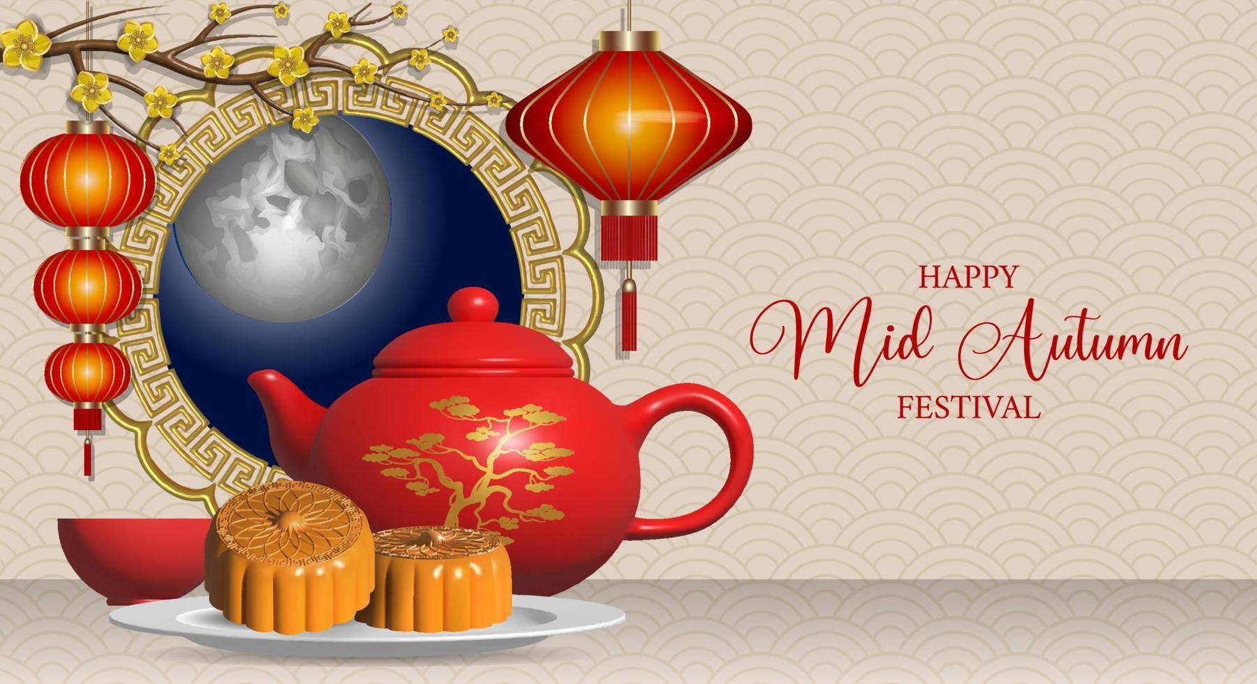 chinese mid autumn festival banner with teapot, mooncakes and red lanterns vector