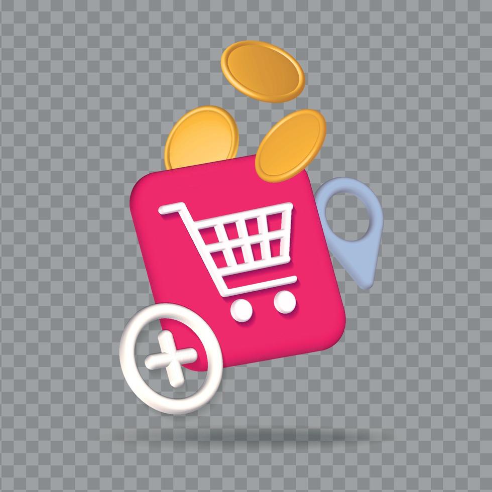 elemento de compras en línea para banner 3d realista con botón de carrito de compras, monedas, geoetiquetado e ícono para agregar. ilustración de renderizado vectorial vector