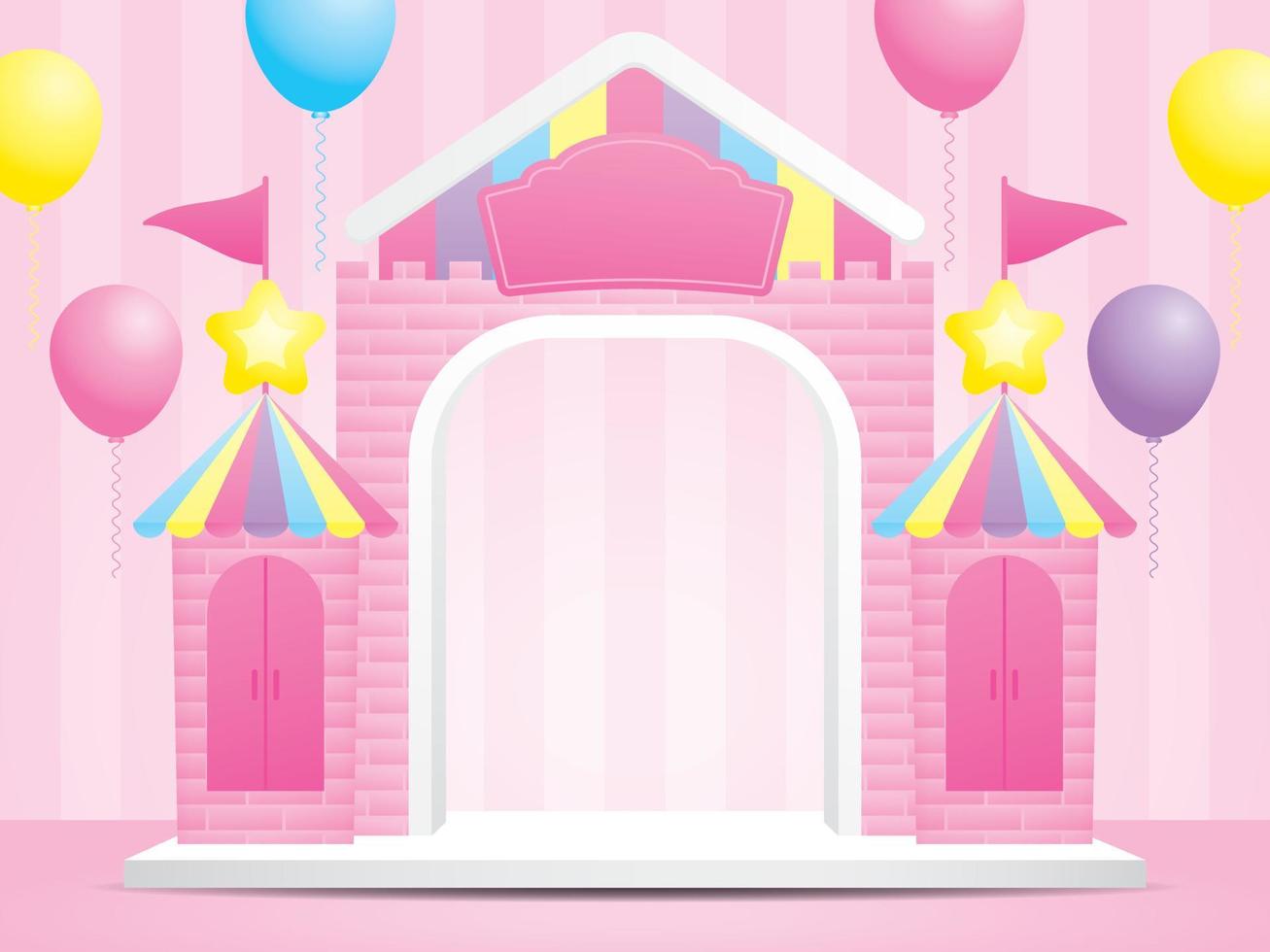 cute kawaii castle backdrop display 3d illustration vector for putting your object with balloons graphic element on pink striped pattern background