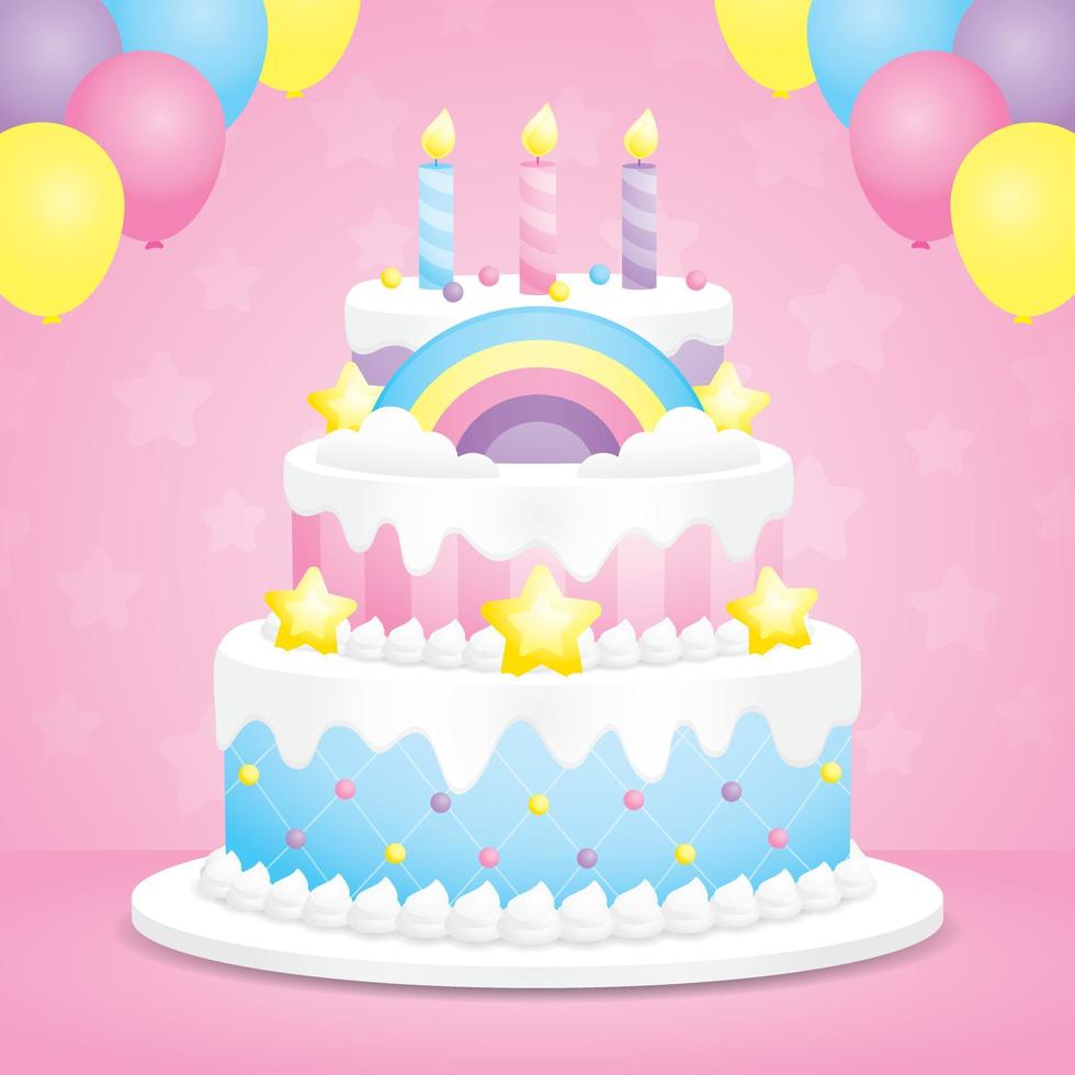 lindo pastel de cumpleaños kawaii con globos de colores sobre fondo rosa pastel dulce vector de ilustración 3d