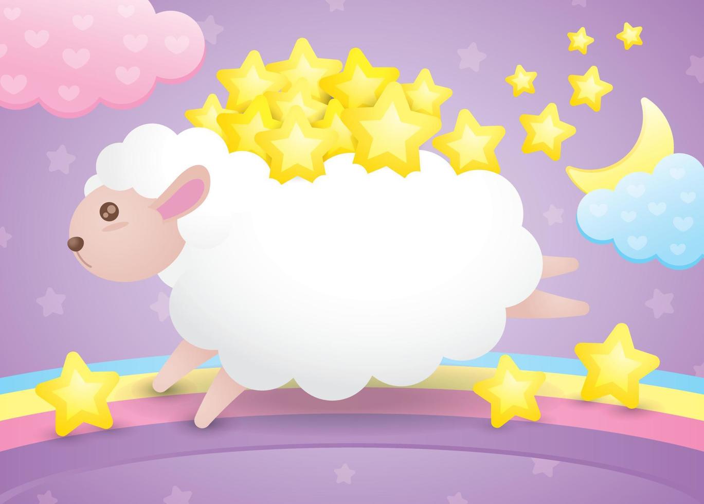 una oveja lleva muchas estrellas doradas y corre en un arco iris pastel con un lindo elemento de nube en la escena del cielo nocturno. vector de ilustración de escena nocturna kawaii que puedes poner tu texto en el cuerpo de la oveja