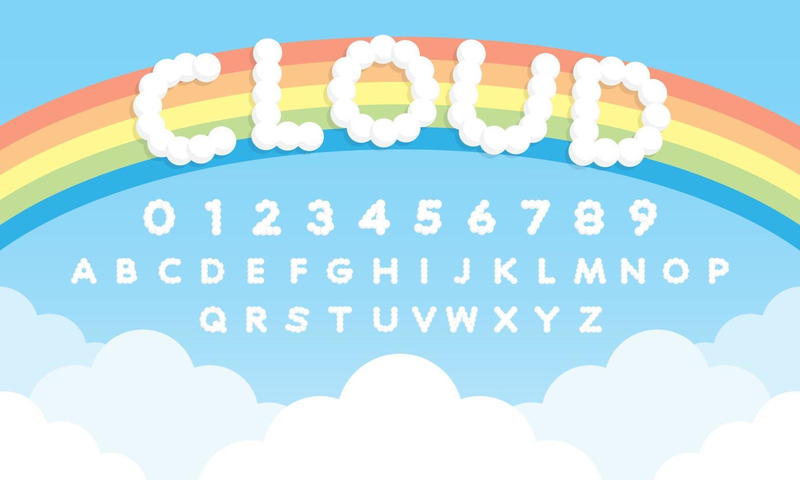 cute cloud alphabet illustration vector with sweet rainbow background