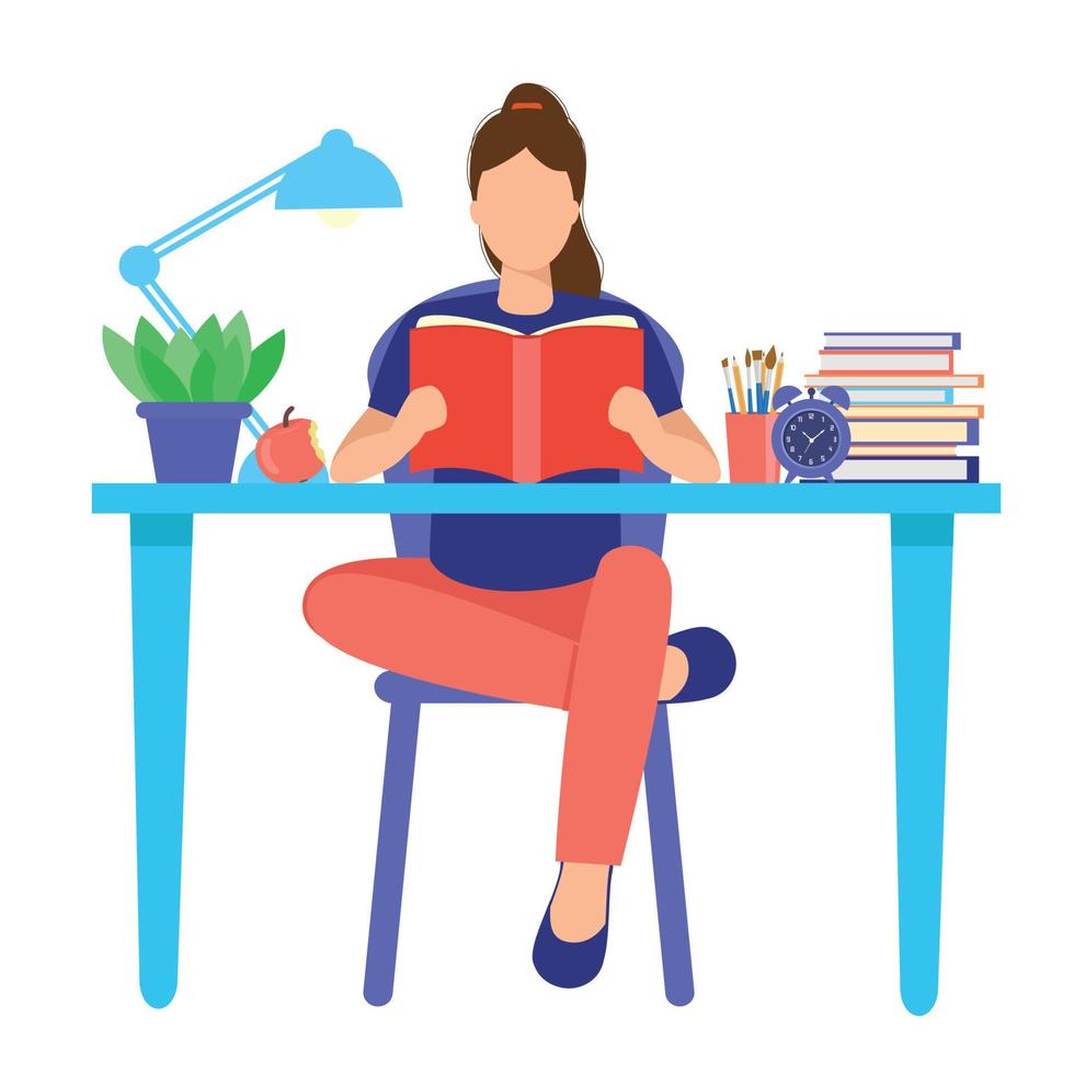 libro de lectura del estudiante. aprendizaje. De vuelta a la escuela. amante de los libros, linda chica sonriente sentada en la mesa leyendo un libro. fanático de la literatura, educación, concepto de quedarse en casa. vector