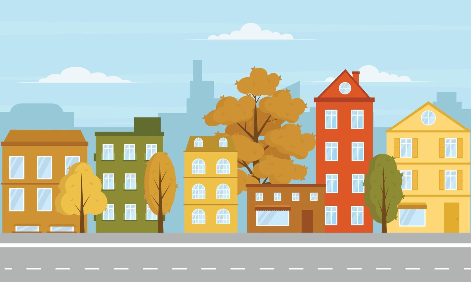 ilustración vectorial de dibujos animados de otoño de la calle de la ciudad  soleada de otoño.