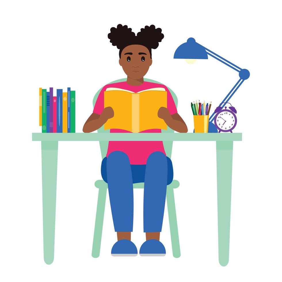 An African American schoolgirl is sitting at her desk reading a book and doing homework for the school. Education concept. Flat vector illustration.